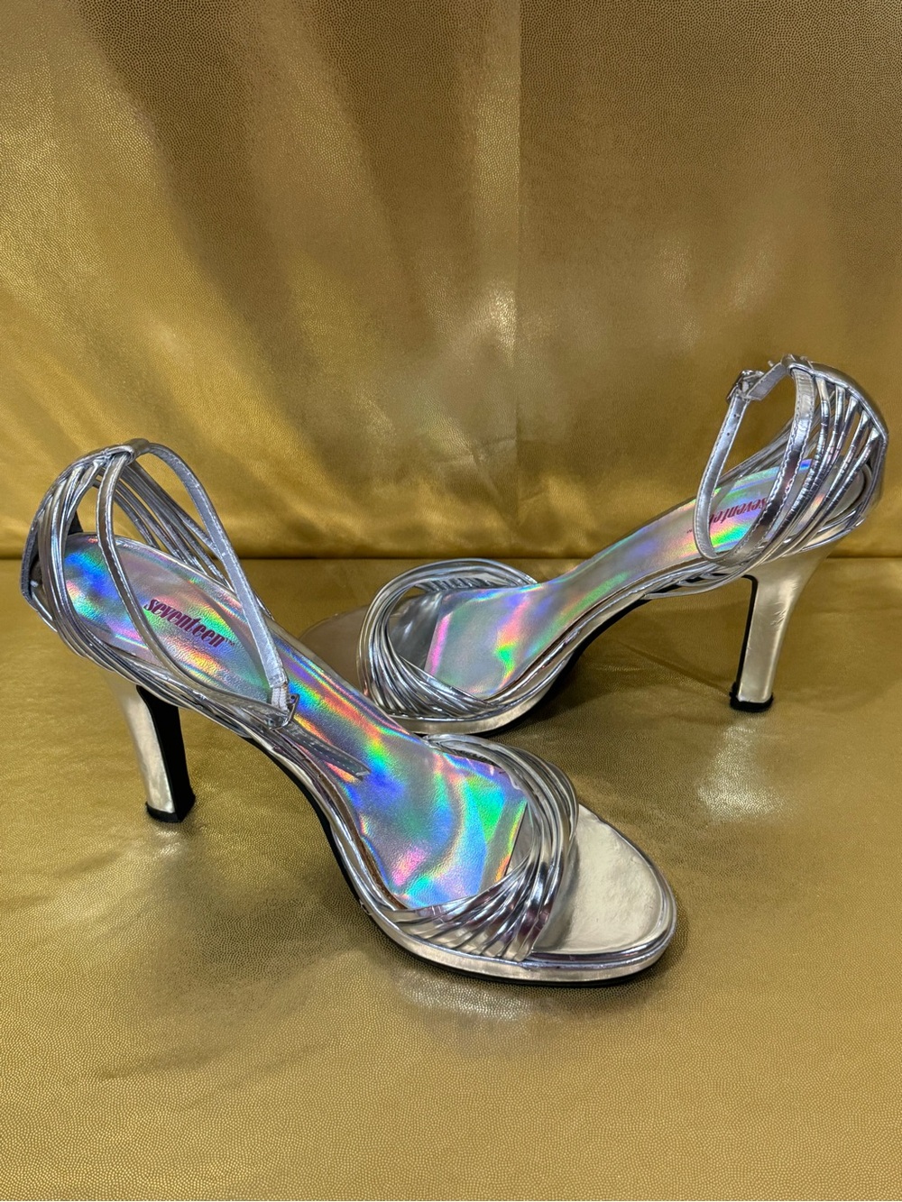 Vintage Y2K Seventeen Metallic Silver Strappy Heels with Holographic Iridescent